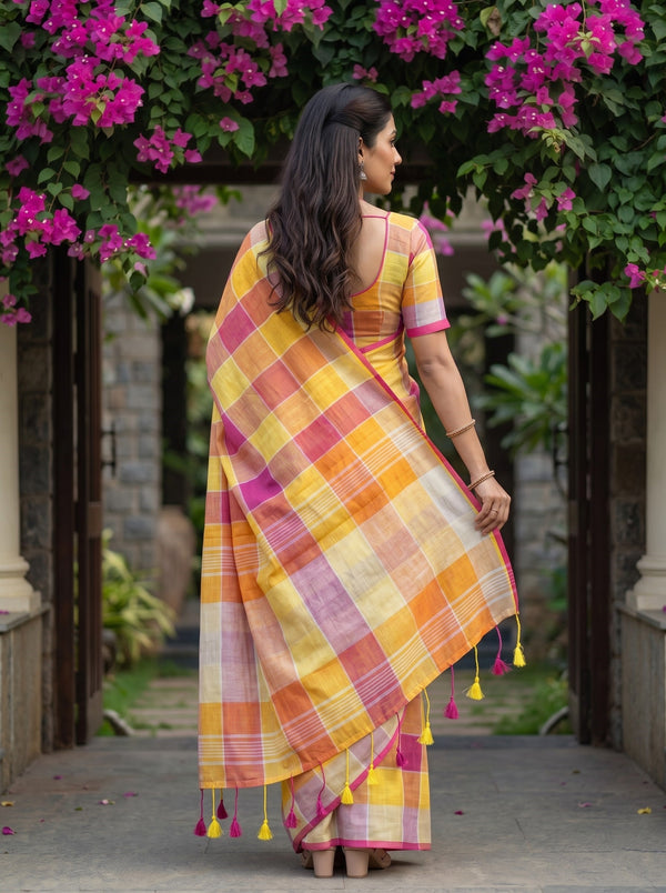 Linen Yellow Orange Pink Madras Kattam Tasseled Saree