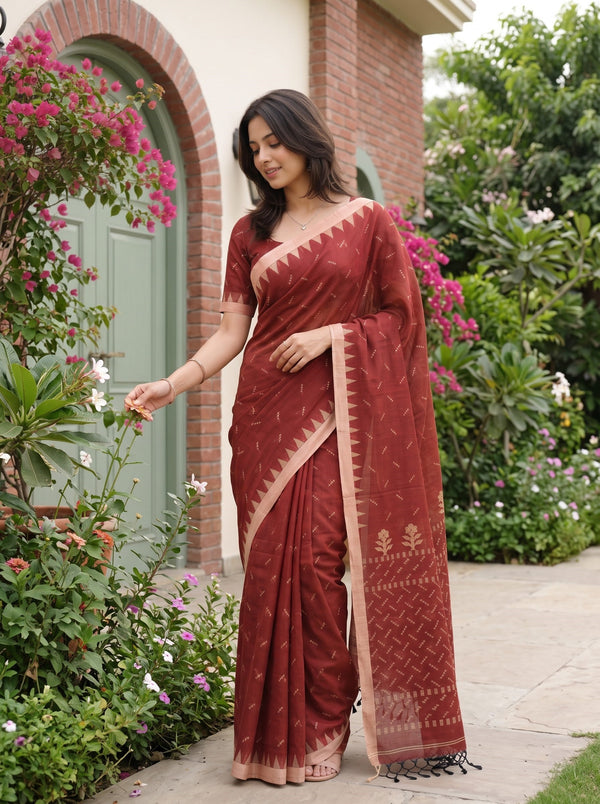 Cotton Maroon Cream Zigzag Floral Butta Saree