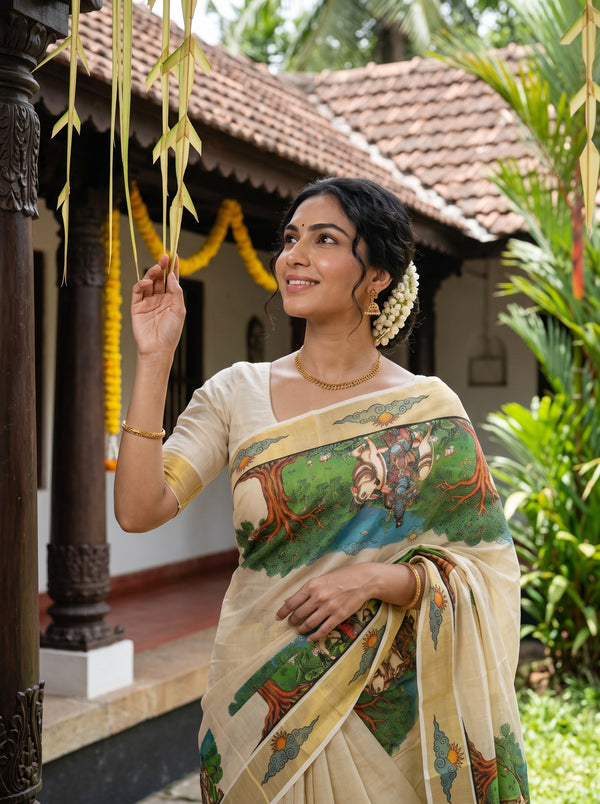 A woman wearing a traditional Indian saree stands outdoors in front of a house with a tiled roof and green plants. The saree is cream-colored with a multicolor printed design featuring green, blue, and brown motifs.