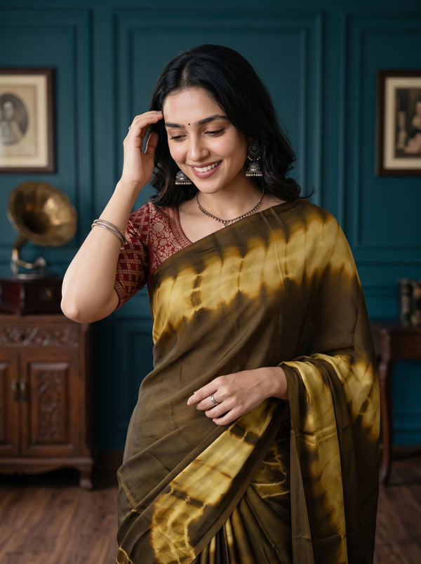Synthetic Khaki Yellow Tie Dye Ring Pattern Saree with Tassels