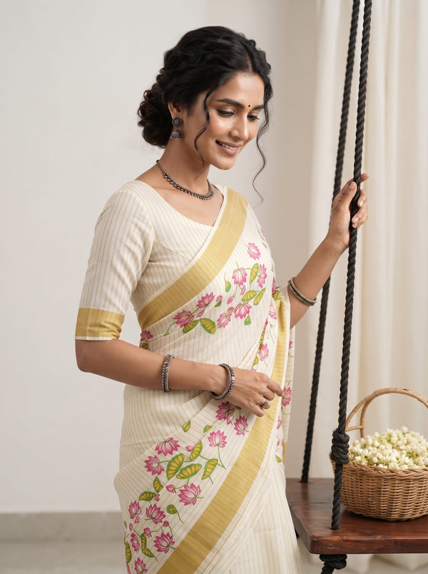 A woman wearing a cream-colored saree with a gold border and pink floral print, standing next to a hanging swing with a basket of white flowers.