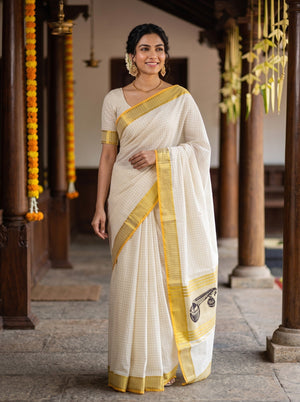 Cotton Cream Checkered Golden Orange Border Onam Special Kerala Saree