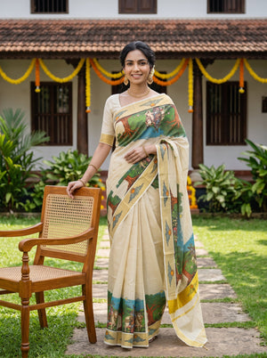 A woman stands outdoors in a garden courtyard wearing a cream-colored printed saree with green, blue, and yellow scenic motifs. She is posed next to a wooden cane-back chair, with a traditional house and greenery in the background.