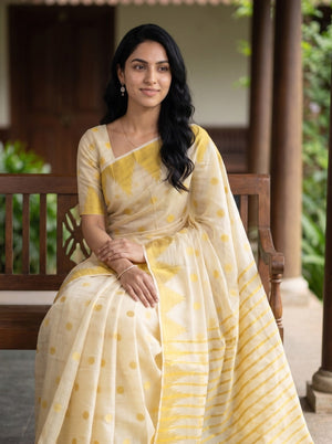 Tissue  Cream Golden Polka Dot Temple Border Onam Kerala Saree