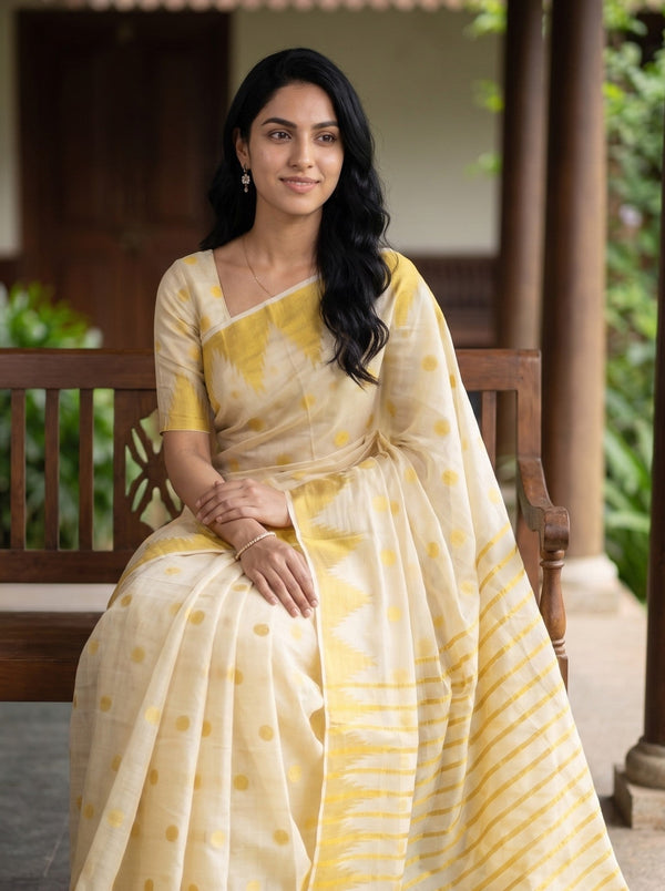 Tissue  Cream Golden Polka Dot Temple Border Onam Kerala Saree