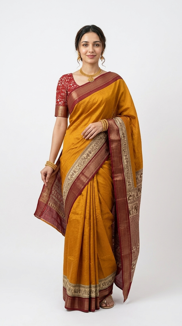 Cotton Ochre Yellow Traditional Border Saree