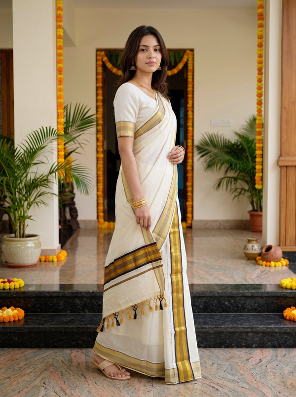 Cotton Cream with Black and Brown Line Border Onam Special Set Mundu
