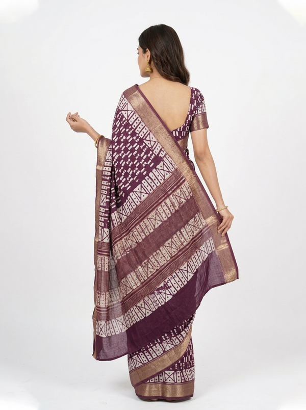 Soft Cotton Wine Maroon Tribal Print Saree with Zari Geometric Border