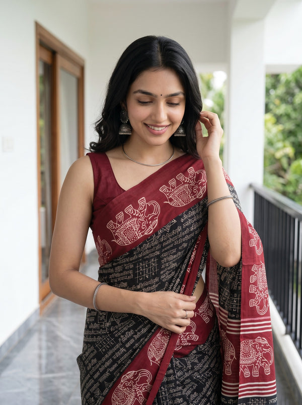 Synthetic Black Red Kalamkari Style Elephant Border Saree