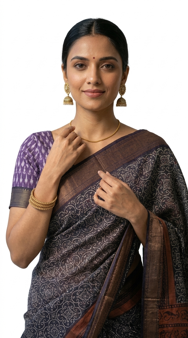 Soft Cotton Blue Ethnic Ajrakh Design Saree