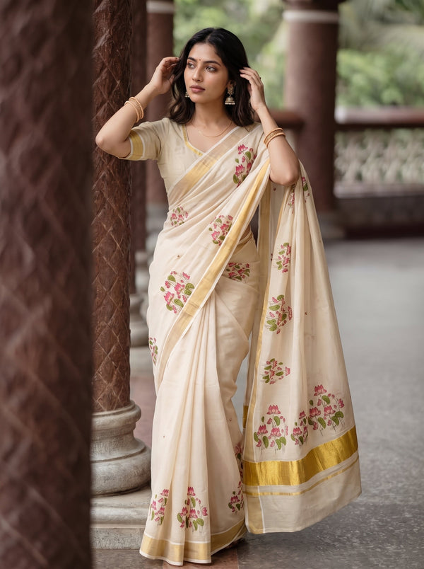 Tissue Cream Kerala Saree with Pink Lotus Print Pallu, Golden Zari Border