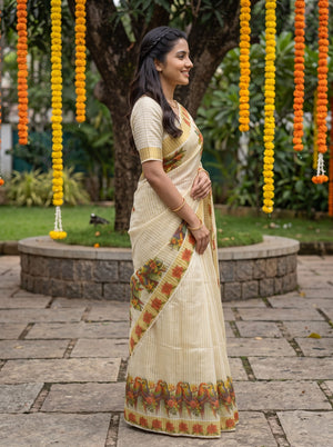 Tissue Cream Multicolor Tropical Parrot Print Onam Special Kerala Saree