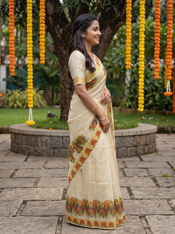Tissue Cream Multicolor Tropical Parrot Print Onam Special Kerala Saree