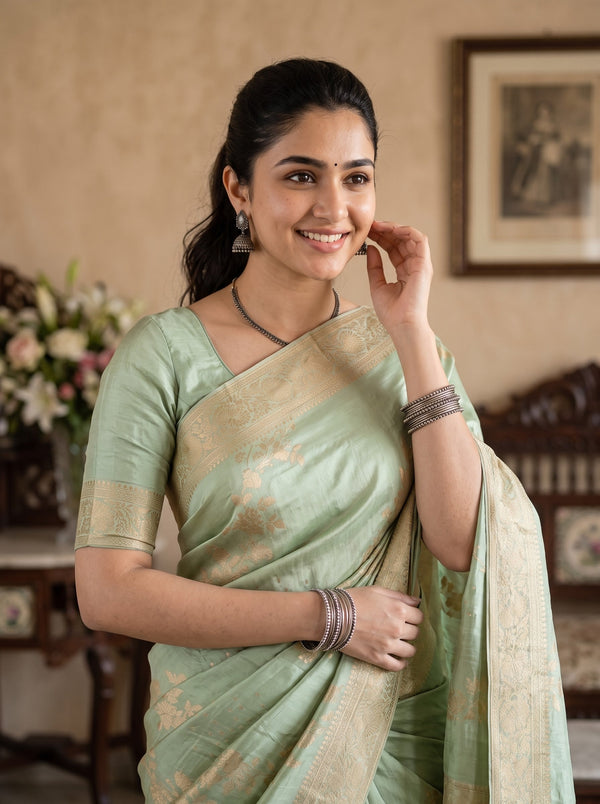 Banarasi Silk Pista Green Allover Floral Saree with Antique Gold Border