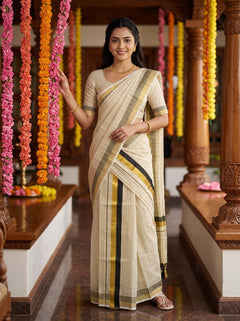 Tissue Cream Pinstripe  with Black Gold Grey Border Onam Special Set Mundu