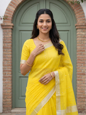 Chanderi Organza Yellow Sequin Work Saree with Gold Tissue Border and Tassels