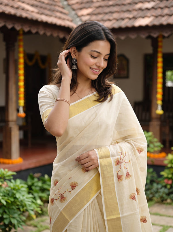 Tissue Cream Rust Floral Vine Embroidery  Onam Special Kerala Saree with Golden Border