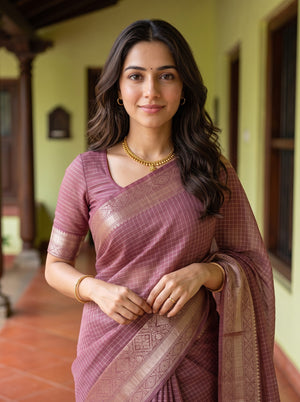 Semi Chanderi Mauve Pink Self Check Golden Zari Geometric Border Saree