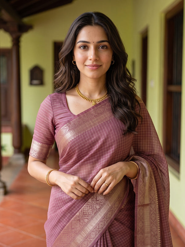 Semi Chanderi Mauve Pink Self Check Golden Zari Geometric Border Saree