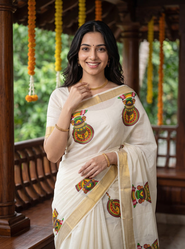 Cotton Off-White Kathakali Face Print Onam Special Kerala Saree