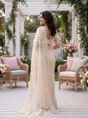 Organza Cream Saree with Floral Cutwork Lace Border