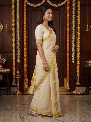 Tissue Cream with Gold Zari Jacquard Border Onam Special Kerala Set Mundu