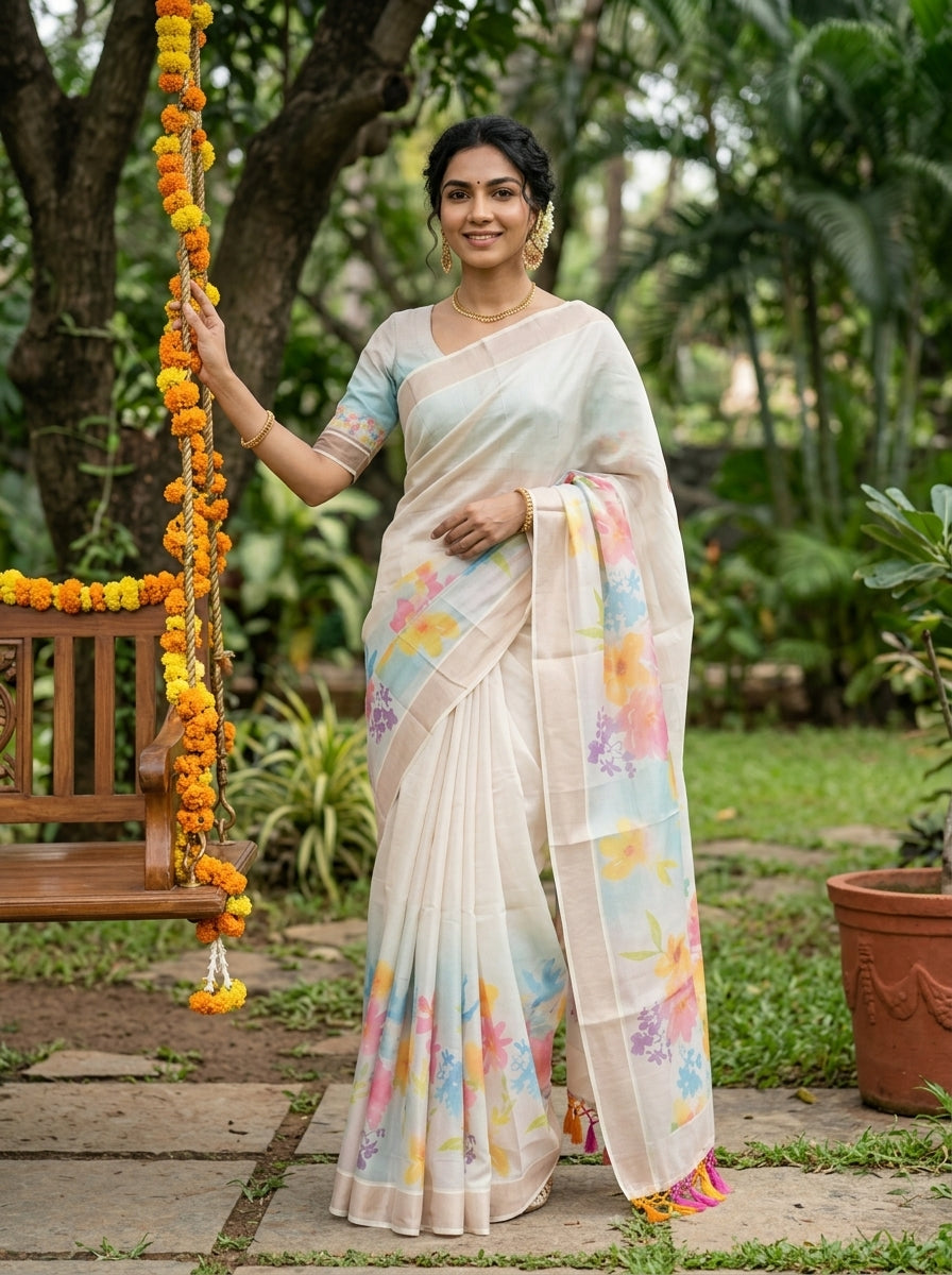 Tissue Off White Watercolor Floral Border Tassel Set Saree