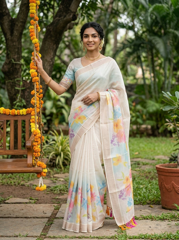Tissue Off White Watercolor Floral Border Tassel Set Saree