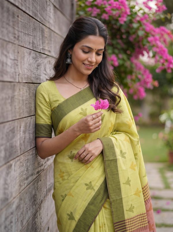 Cotton Lime Green Rust Floral Burst Checkered Saree