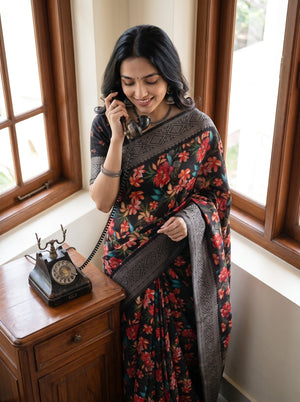 Semi Tussar Multicolor Floral Print Saree with Diamond Jaal Border