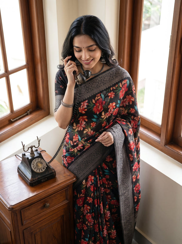 Semi Tussar Multicolor Floral Print Saree with Diamond Jaal Border