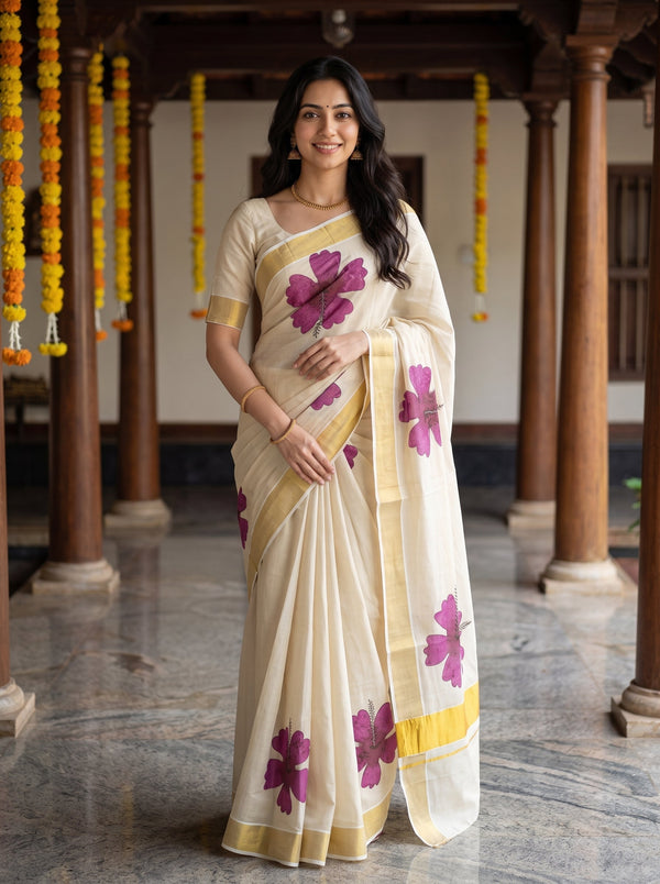 A woman wearing a cream-colored saree with purple floral prints and yellow borders, standing in a traditional courtyard with wooden pillars and hanging marigold garlands.
