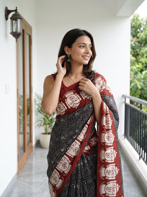 Synthetic Black Rust Red Script Print Jagannath Face Motif Saree