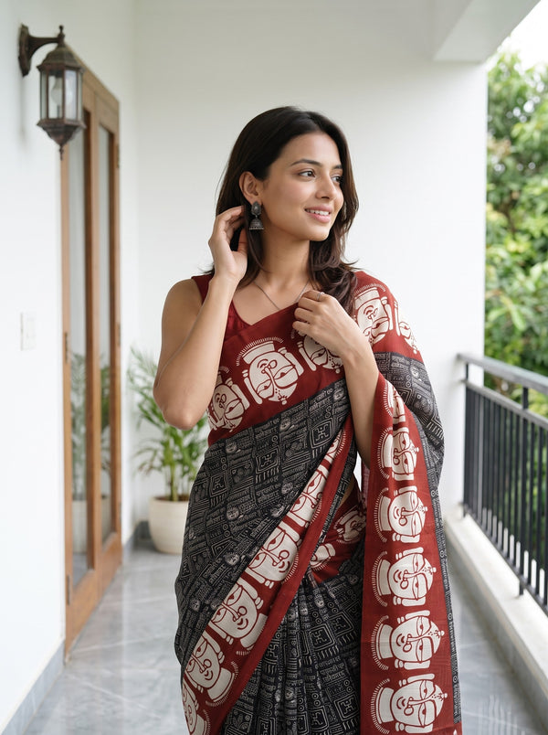 Synthetic Black Rust Red Script Print Jagannath Face Motif Saree
