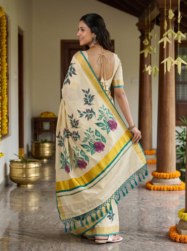 Tissue Cream Leaf Print Onam Special Kerala  Saree with Gold Teal Border