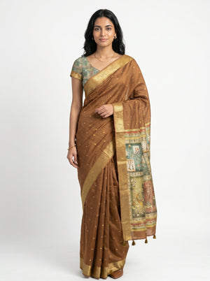 Jute Brown Zari Butta Saree with Kalamkari Pallu