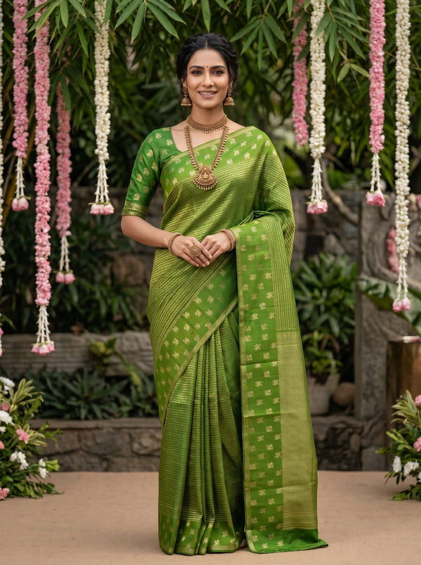 Woman in a green saree with floral decorations in the background