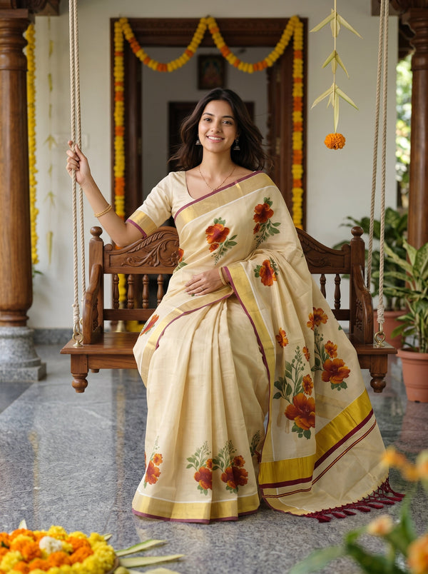 Tissue Cream Printed Onam Special Kerala Floral Saree with Golden Maroon Border