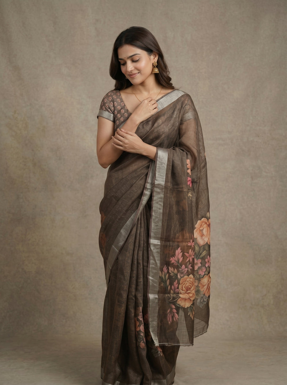 Tissue Linen Coffee Brown Floral Printed Saree