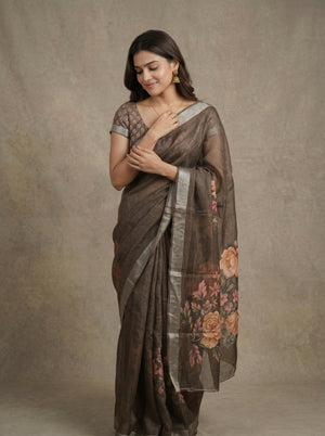 Tissue Linen Coffee Brown Floral Printed Saree