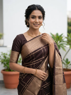 Kanjivaram Silk Coffee Brown Checked Saree with Gold Border