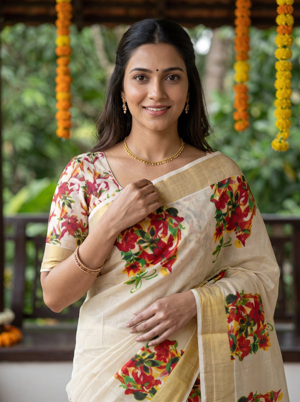 Tissue Cream Floral Print  Onam Special Kerala  Saree with Golden Border