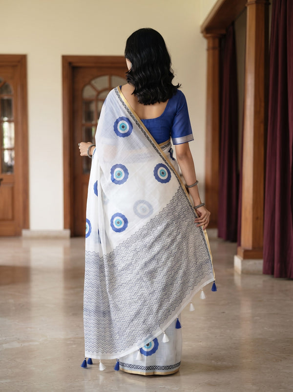 Linen White Evil Eye Print Saree with Black Geometric Border