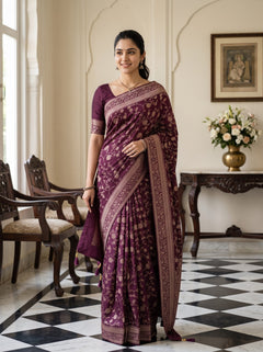 Banarasi Silk Wine Allover Floral Saree with Matching Zari Border