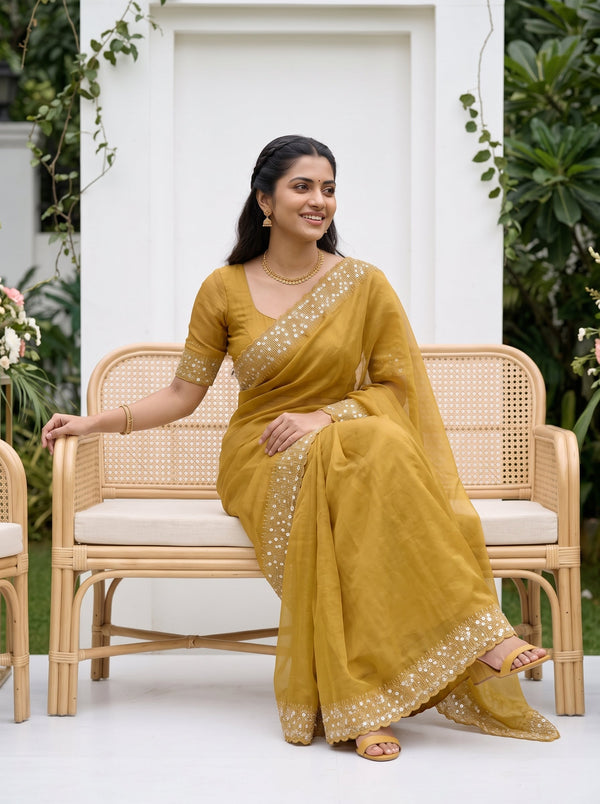 Organza Mustard Yellow White Floral Star Embroidered Sequin Lace Border Scalloped Edge Saree