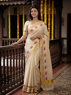 Cotton Cream Elephant Motif Pinstripe Golden Border Onam Festive Kerala Saree