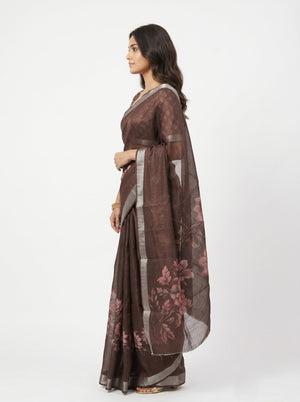 Tissue Linen Brown Floral Printed Saree