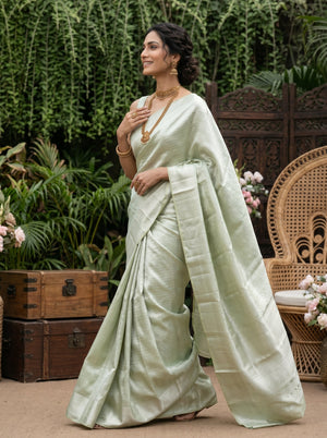 Kanjivaram Tissue Silk Sage Green All-Over Self-Tone Jaal Saree with Wide Zari Border
