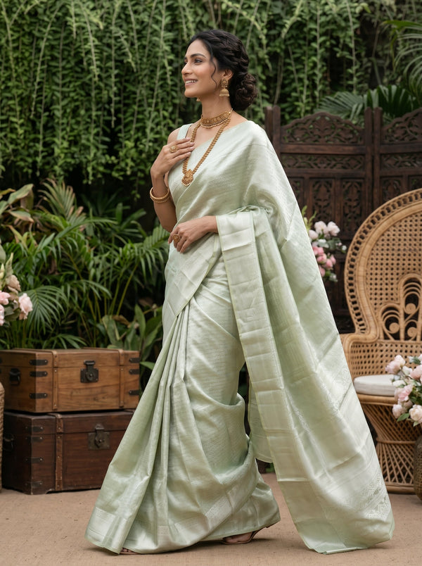 Kanjivaram Tissue Silk Sage Green All-Over Self-Tone Jaal Saree with Wide Zari Border