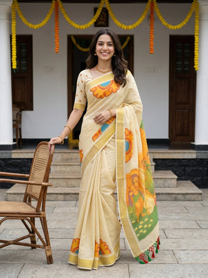 Tissue Cream Mural Onam Theme Pallu Figure Print Set Saree with Tassels